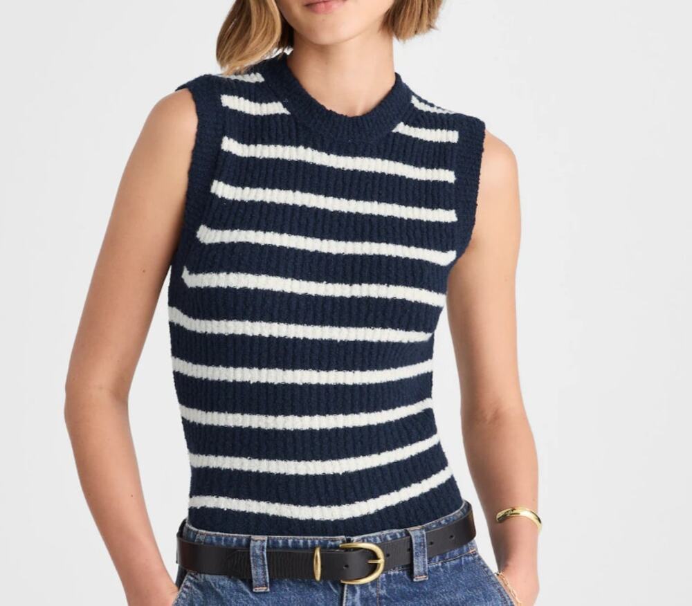 Madewell Womens Small Boucle Knit Sweater Tank Sleeveless Navy White NWT